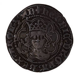 Coin, round, crowned bust of the King facing within a tressure of nine arches; text around.