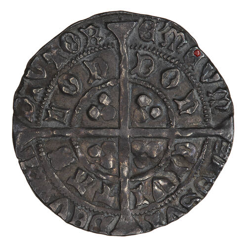 Coin, round, long cross pattee dividing legend; text around in two concentric circles.