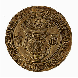 Coin, round, crowned double rose dividing the crowned letters H and K; text around.