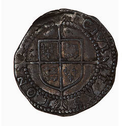 Coin, round, within beaded circle, cross fourchee quartered with the arms of France and England.