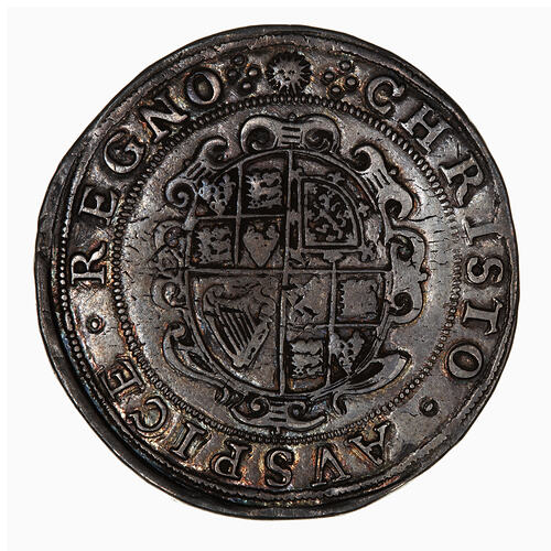Coin, round, within a circle of beads, oval shield quartered, text around.