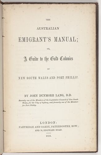 Book - John Dunmore Lang, The Australian Emigrant's Manual, 1852