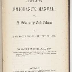 Book - J. D. Lang, 'The Australian Emigrant's Manual', 1852