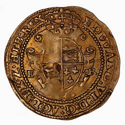 Coin, round, Crowned and garnished oval Royal shield, quartered with the arms of England and France.