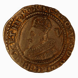 Coin, round, Within beaded circle crowned bust of king in coronation robes; behind head, V; text around.