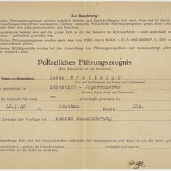 Certificate - Criminal Record Statement, Issued to Bretislav Lukes, 20 Sep 1949