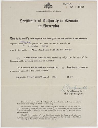 Certificate - Authority to Remain in Australia
