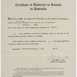 Certificate - Authority to Remain in Australia, Issued to Bretislav Lukes, Commonwealth of Australia, 27 May 1952