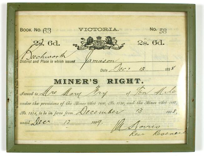 Miner's Right - Issued to Mrs Mary Fry, Ten Mile, Beechworth Mining District, Victoria, 13 Dec 1898