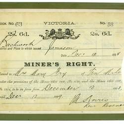 Miner's Right - Issued to Mrs Mary Fry, Ten Mile, Beechworth Mining District, Victoria, 13 Dec 1898