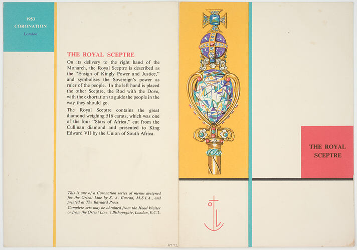 Menu - RMS Otranto, Orient Line, The Royal Sceptre, 1954