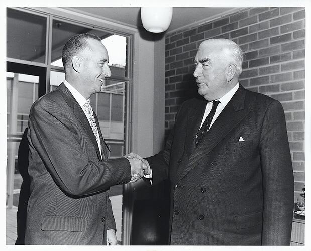 Photograph - Kodak Australasia Pty Ltd, Prime Minister Robert Menzies Shaking Hands with Kodak Executive Stuart Sanderson at the Official Opening of Kodak Factory, Coburg, 1961