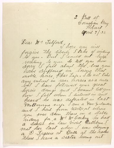 Letter - Monahan to Telford, Phar Lap's Death, 07 Apr 1932