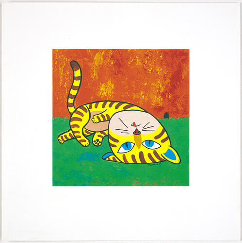 Greeting card with white border and picture of tiger trying to stand on its head.