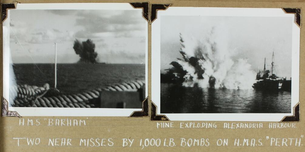 Two photographs, distant bomb explosion on ocean and an explosion next to a ship.