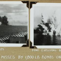 Two photographs, distant bomb explosion on ocean and an explosion next to a ship.