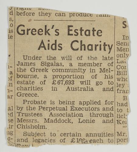 Newspaper cutting - Greek's Estate Aids Charity, circa 1950