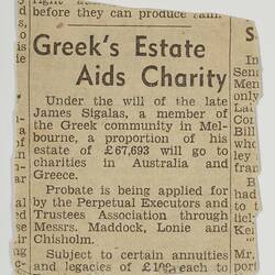 Newspaper cutting - Greek's Estate Aids Charity, circa 1950