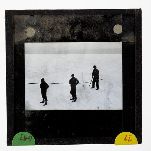 Lantern Slide - Three Explorers on an Icefield With a Safety Rope, BANZARE Voyage 2, Antarctica, 1930-1931