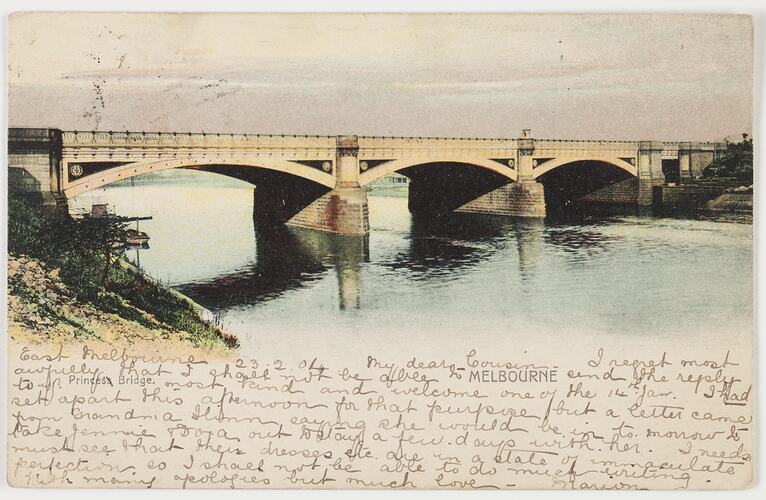 Postcard - Princess Bridge, Melbourne, To Jas. B. Scott from Marion Flinn, Melbourne, 23 Feb 1904