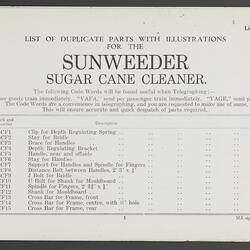 Parts List - H.V. McKay Massey Harris, 'Sunweeder Sugar Cane Cleaner', 1936