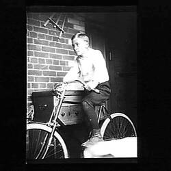 Glass Negative - Lawrence Beckett on Bicycle, Northcote, Victoria, Feb 1898