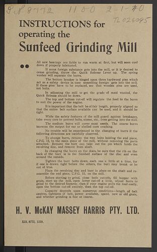 Instruction Card - H.V. McKay Massey Harris, 'Instructions for Opperating the Sunfeed Grinding Mill', 1939