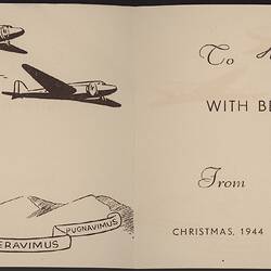 Illustration of servicemen and three planes on left and printed and handwritten text on right.