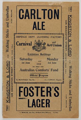 Program - Australian Comforts Fund, Defence Department Clothing Factory Carnival, Royal Exhibition Building,  Melbourne, 1918
