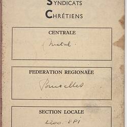 Membership Card - Confederation of Christian Trade Unions of Belgium, Issued to Sandor Tokai, 1957