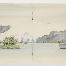 Off-white open book page, with drawing of a ship near land mass blanketed in smoak with explosions.