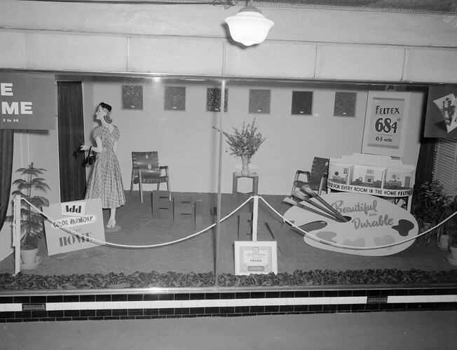 Feltex Carpets, Window Display, Northcote, Victoria, Sep 1954