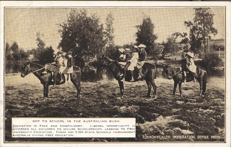 Postcard - 'Off to School in the Australian Bush', Commonwealth Immigration Office, 1924
