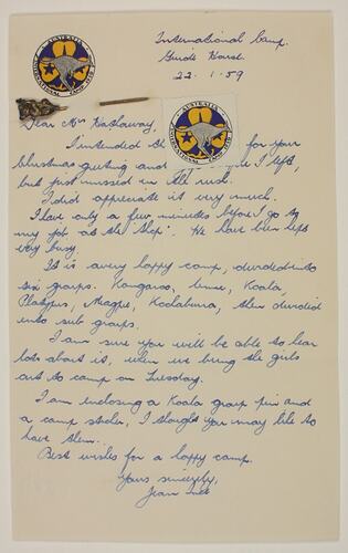 Letter and Pin - Australia International Camp, Girl Guides, Addressed to Lucy Hathaway, 1959