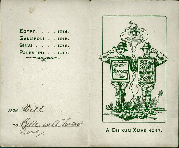 Open card showing advertising drawing of soldiers with biscuits.
