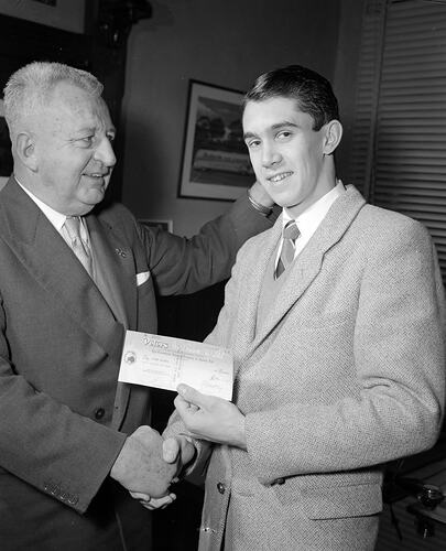 Peters Ice Cream (Vic) Ltd, Man Receiving a Cheque, Melbourne, Victoria, Jul 1958