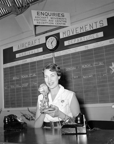 Woman on Loud Speaker at Airport, Melbourne, Victoria, 1956