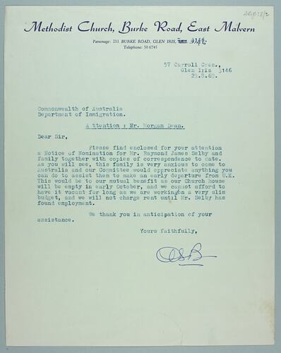 Copy of Letter -  To Department of Immigration (Mr Morgan Dean) from Methodist Church, East Malvern, 29 Aug 1969