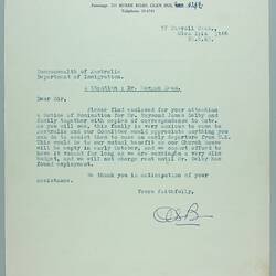 Copy of Letter -  To Department of Immigration from Methodist Church, East Malvern, Victoria, 29 Aug 1969