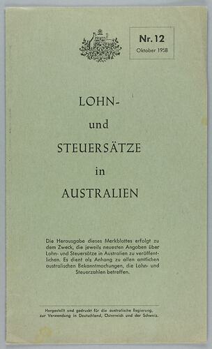 Leaflet - 'Lohn - und Steuersatze in Australien', Commonwealth of Australia, No.12, Oct 1958