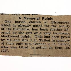 Newspaper Cutting - 'A Memorial Pulpit', In Memory of Gunner James Clive Talbot, May 1918