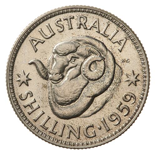 Proof Coin - 1 Shilling, Australia, 1959, photographed by Museums Victoria