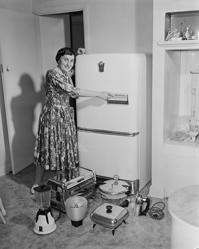 Woman with Domestic Appliances, Ashburton, Melbourne, Victoria, 10 Sep 1959