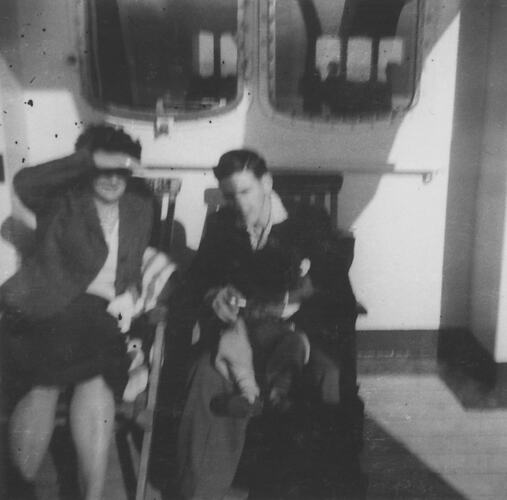 Sylvia & James Forbes Seated Deckside, Onboard Fair Sky, Sitmar Line, Jul 1961
