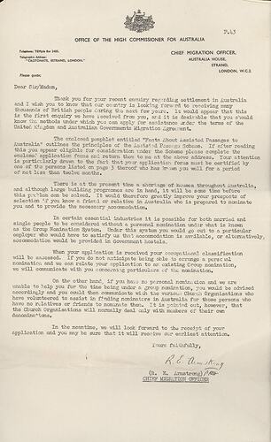 Letter - British Assisted Passage Scheme, John & Barbara Woods, Australia House London, 1957