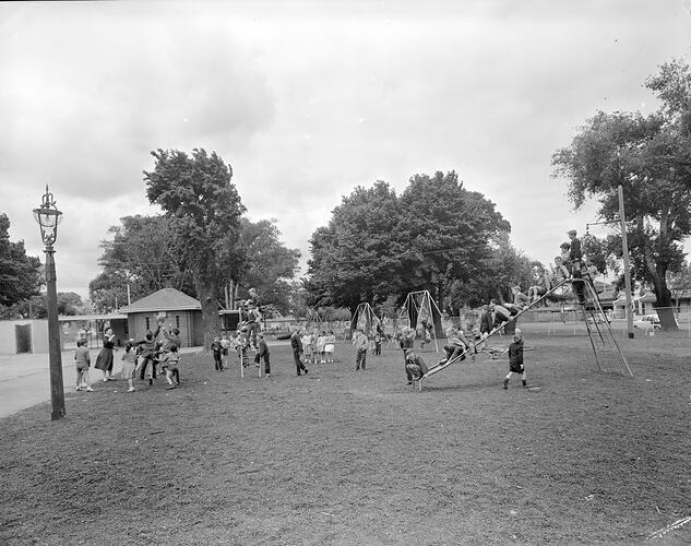 Melbourne City Council, Children on Play Equipment, Victoria, 09 Nov 1959