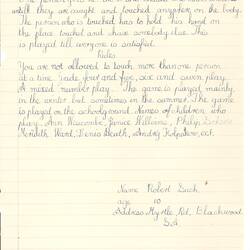 Document - Robert Such, to Dorothy Howard, Description of Chasing Game 'Poison Touch', 1954-1955