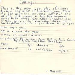 Document - Lucy Driscoll, Addressed to Dorothy Howard, Description of Ball Game 'Callings', 25 Aug 1954