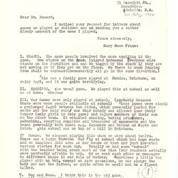 Letter - Mary Rose Fraser, to Dorothy Howard, Response to Dr Howard's Request for People to Contact Her about Their Childhood Games, 20 Jul 1954