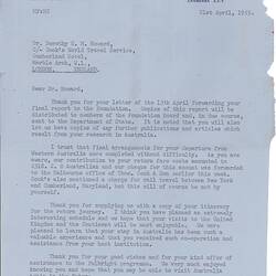 Letter - Geoffrey G. Rossiter, to Dorothy Howard, Discussion about Travel Arrangements & Conclusion of Field Trip, 21 Apr 1955